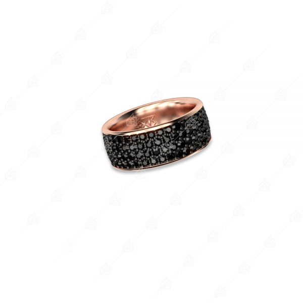 Wide silver wedding ring with rose gold plating and black crystals