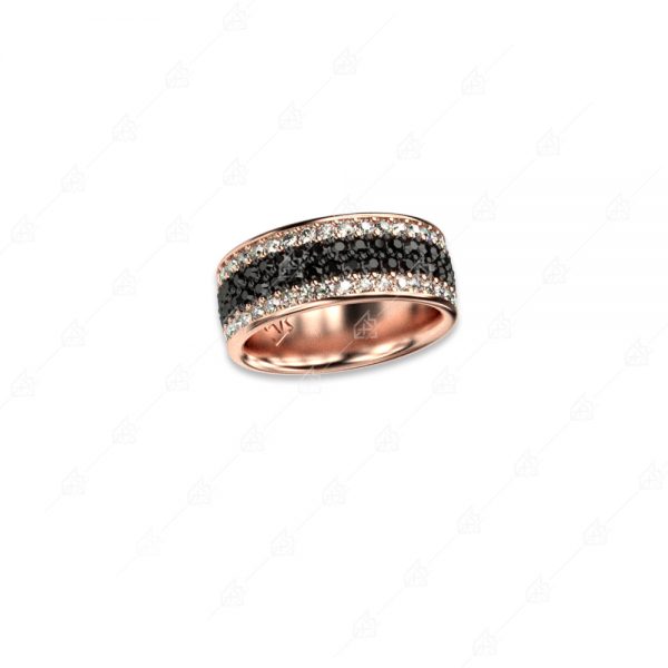 Wide silver wedding ring 925 rose gold plated with white and black crystals