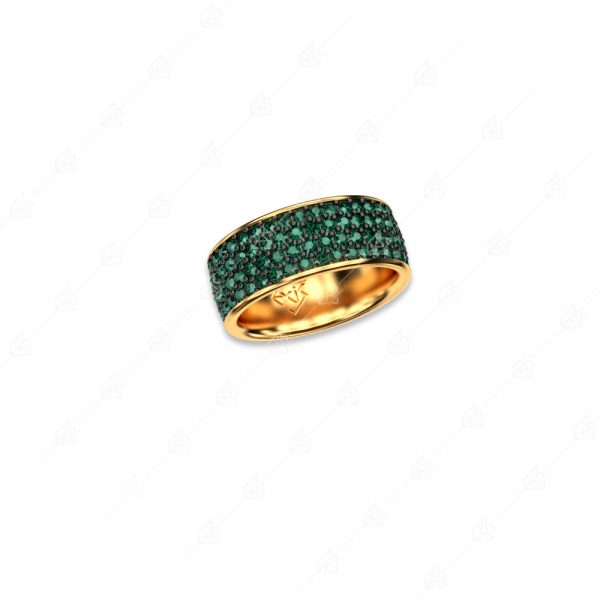 Wide silver wedding ring 925 yellow gold plated with green crystals