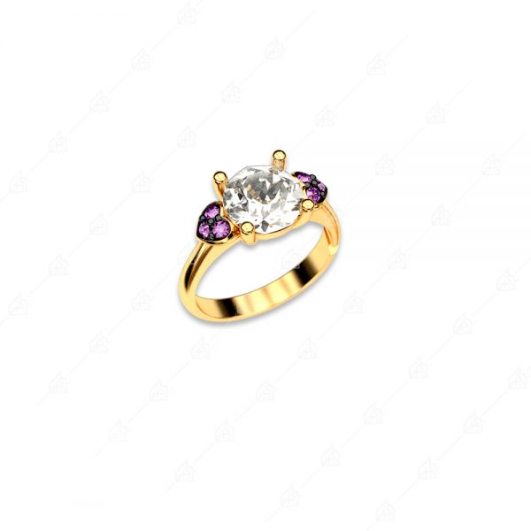Single stone 925 silver with two hearts yellow gold plated