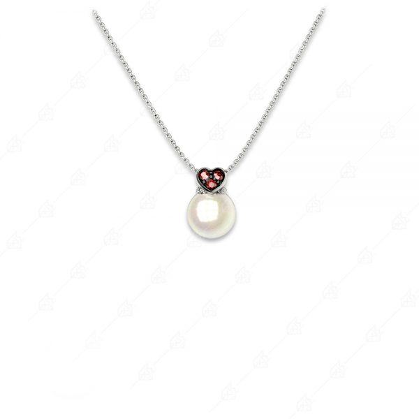 Pearl necklace with red heart silver 925