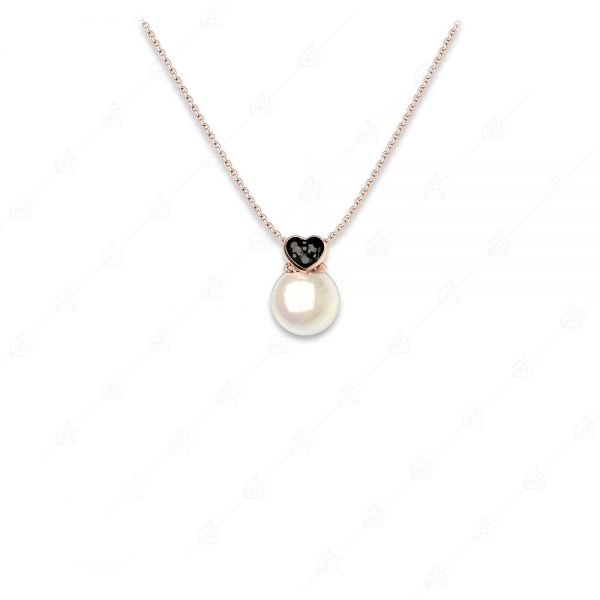 Pearl necklace with black heart silver 925 rose gold plated