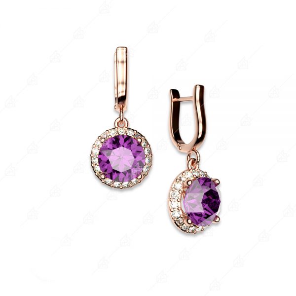 Earrings with purple round silver 925 rose gold plated
